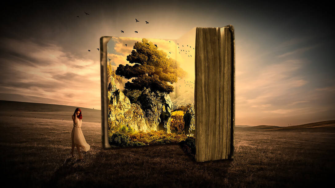 A woman stands in a serene meadow, next to a book that symbolizes life, knowledge, and the secret wisdom to be learned from nature and the human spirit, blending reality with a touch of fantasy