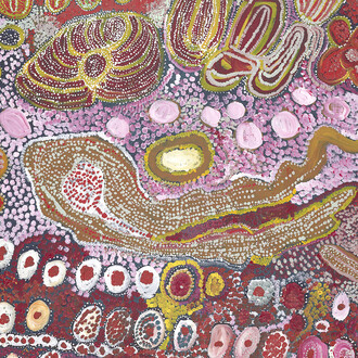 Wingu Tingima, Minyma tjuta (Seven sisters) (detail), 2006. Courtesy of National Gallery of Victoria, Melbourne, Purchased with funds donated by Supporters and Patrons of
Indigenous Art, 2006 © Wingu Tingima/Copyright Agency, 2024