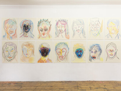 Carlos Amorales, Face and mask, exhibition view. Courtesy of Galerie Krinzinger