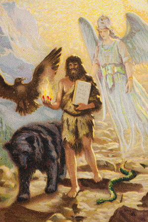 Liebig Chromos. Carta de colección, Serie 1347, Zaratustra (Zoroastro), Nº 3: Trayendo luz y ley. 1936