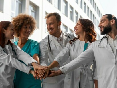 A multicultural team of healthcare professionals works side by side, highlighting unity, respect, and shared commitment to patient care