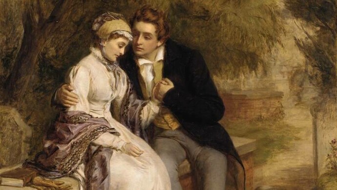 William Powell Frith, The Lover's Seat, olio su tela, 1877. Il dipinto raffigura il poeta Percy Bysshe Shelley e Mary Godwin, autrice di "Frankenstein", al tempo della loro relazione amorosa nel 1814