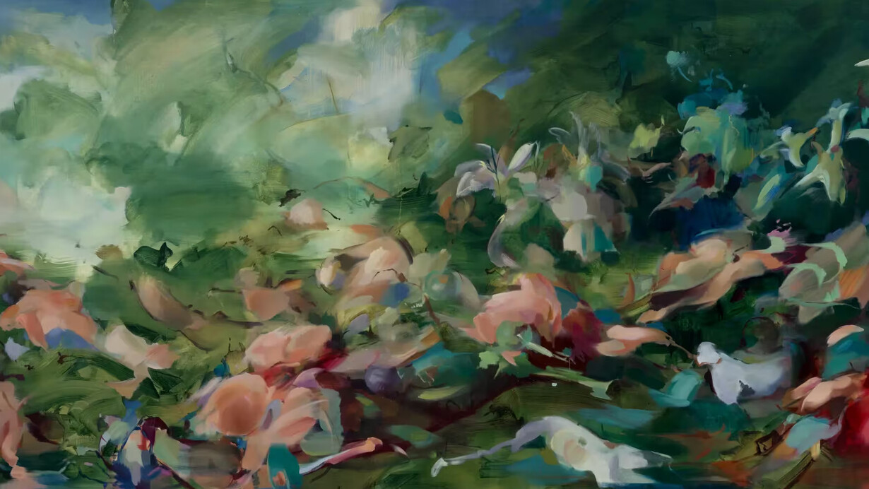 Flora Yukhnovich, Seeing pink elephants (detail), 2025. Courtesy of Hauser & Wirth Gallery