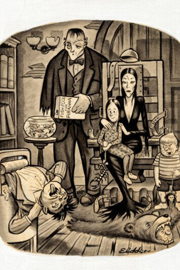 Bill Elder (as “Eldder” in tribute to Charles Addams) (1921-2008), It’s so funny the way Poppa’s eyes bug out because he doesn’t have the Sanofranized label (detail), 1955, Illustration for MAD #26 (EC, 1955). Courtesy of MAD™