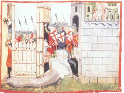 La disfatta di Vittoria, presso Parma (1248). II Villani illustrato: Firenze e l'Italia medievale nelle 253 immagini del ms. Chigiano L VIII 296 della Biblioteca Vaticana, a cura di Chiara Frugoni, Città del Vaticano 2005, S. 135