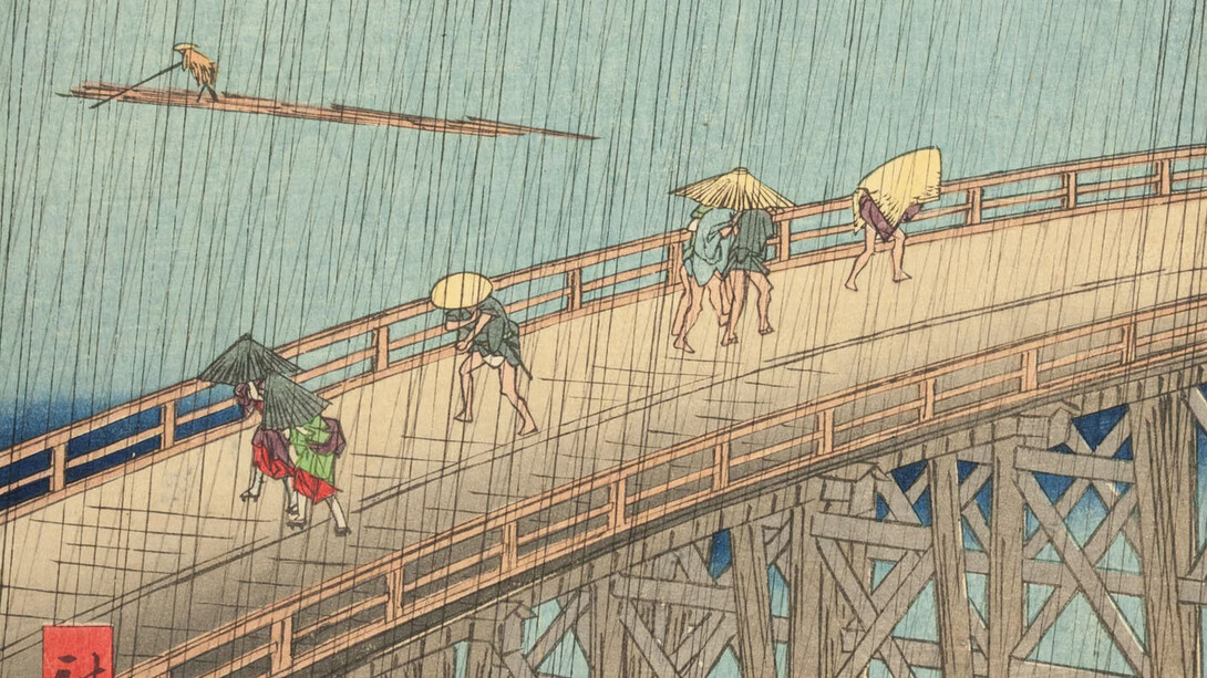 Utagawa Hiroshige 歌川 広重, Sudden shower over Shin Ohashi Bridge and Atake (Ohashi Atake no yudachi) (detail), 1857. Courtesy of Art Institute of Chicago