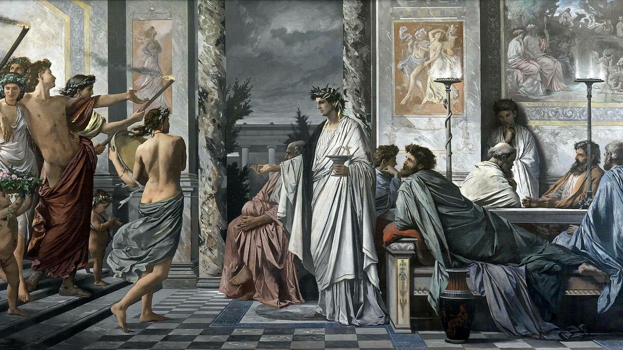 Anselm Feuerbach (1829-1880) dipinse questa scena tratta dal Simposio di Platone nel 1869. Raffigura il tragediografo Agatone mentre accoglie nella sua casa Alcibiade ubriaco