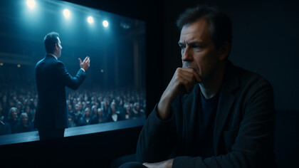 A man sits in quiet reflection, watching a public figure on screen—capturing the contrast between introspective thought and the spectacle of modern genius