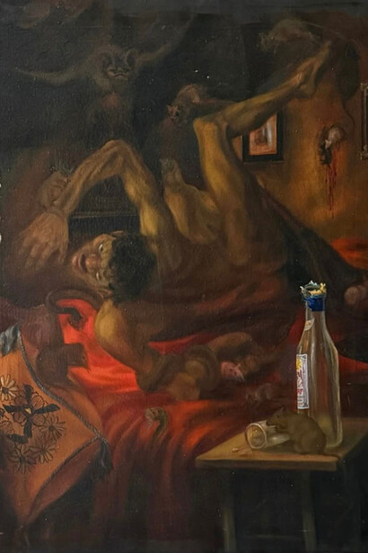 Dipinto olio su tela scena mostruosa con stregone, diavolo topi serpenti e mostri – 1928. Cortesía de la Catedral ex Macello