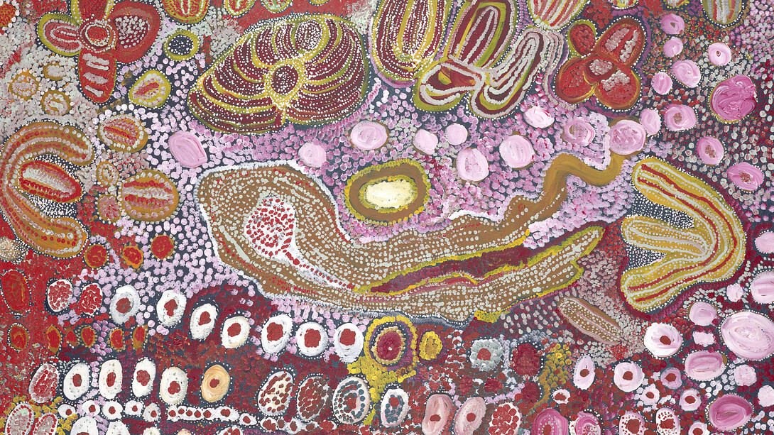 Wingu Tingima, Minyma tjuta (Seven sisters) (detail), 2006. Courtesy of National Gallery of Victoria, Melbourne, Purchased with funds donated by Supporters and Patrons of
Indigenous Art, 2006 © Wingu Tingima/Copyright Agency, 2024