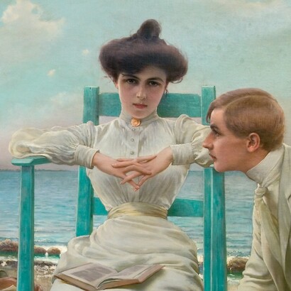 Vittorio Matteo Corcos, “In lettura sul mare”, dettaglio, 1910. Volti impassibili, sete fruscianti e attenzione ai dettagli: più che la realtà l'artista dipinge un sogno