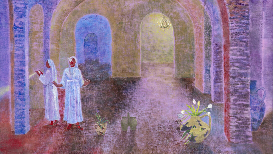 Minami Kobayashi, Two nuns, a butterfly and restored vases at the Roman road under Basilica di San Clemente, 2025. Courtesy of Bel Ami