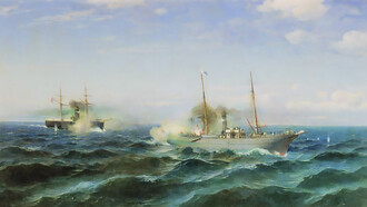 Rufin Sudkovsky – "Naval Battle Between Vesta and Fetkh-i Bulend," Black Sea, July 11, 1877: This dramatic seascape by Rufin Sudkovsky (1850–1885) captures the intense naval clash between the Russian steamer Vesta and the Ottoman ironclad Fetkh-i Bulend during the Russo-Turkish War