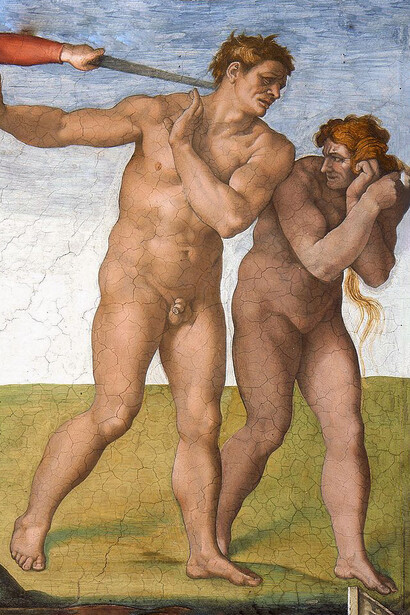 Miguel Ángel, La caída y la expulsión del paraíso (c. 1500, detalle del techo de la Capilla Sixtina)
