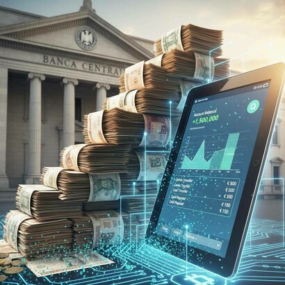 Rappresentazione del signoraggio bancario contemporaneo: la differenza tra il valore intrinseco (il basso costo dei 'bit elettronici' e della carta) e il valore nominale della moneta immessa