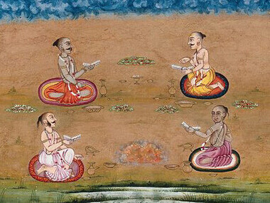Four Vedic priests perform a yagna, an ancient fire ritual dedicated to Agni, the god of fire, while consulting sacred texts. This 19th-century gouache painting, created between 1800 and 1899 by an Indian artist, captures the solemnity and ritual precision of Vedic sacrifice—a central element of early Hindu religious practice. The scene reflects the continuity of oral and ritual traditions in Indian spiritual life