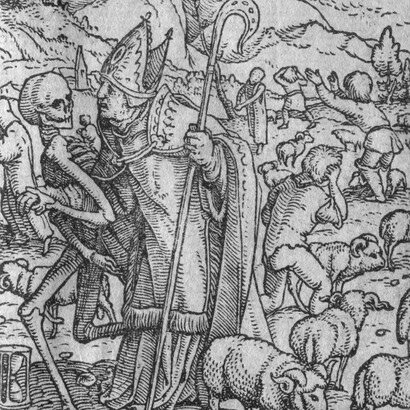 Hans Holbein, Dance of Death: The Bishop, 1529–1530. Cleveland Museum of Art