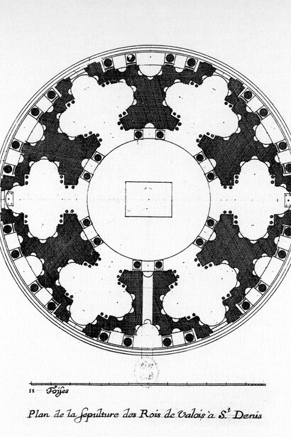 Jean Marot, Rotunda (mausoleum) of the Valois accordingly to the project of Francesco Primaticcio, Sepulture des Rois de Valois in St Denis (Recueil des plans profils et élévations…desseignez egravez par Jean Marot, 1654-1660, plan