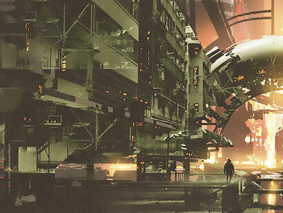 An encounter between two futuristic humans and advanced robots in a high-tech world dominated by machines