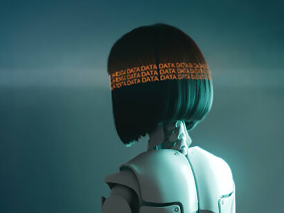 The neon sign reading "data" hovers and flickers in the air before the cyborg girl's eyes, illuminating her augmented features with a pulsing glow