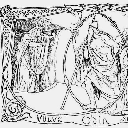 Odin despierta a una volva, ilustración de Lorenz Frølich publicada en Los himnos de la Edda antigua (Karl Gjellerup, 1895)