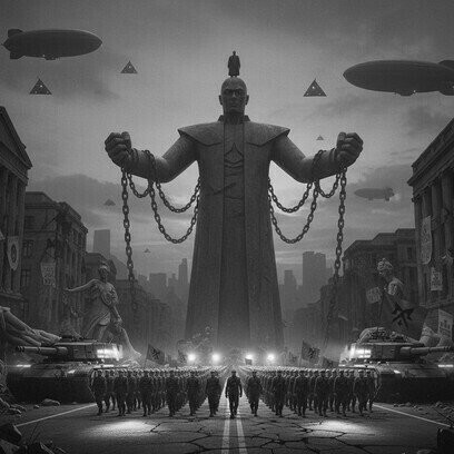 Um punho monolítico de poder, entrelaçado com correntes e arame farpado, domina a decadência urbana. As massas abaixo marcham em formação, guiadas pela luz impiedosa de uma nova ordem intransigente
