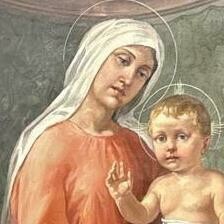 Pala d’altare raffigurante una Madonna in trono con Bambino e i Santi Cosma e Damiano, XIX secolo, ph. Istituto Restauro Roma. Dettaglio volto Madonna e Bambino