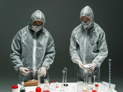 Scientists performing laboratory experiments, reflecting the hidden atrocities carried out in the name of progress