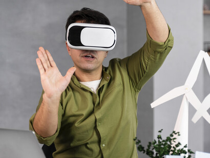 Front view of a man envisioning sustainable energy, with wind turbines highlighting the potential of renewable investment