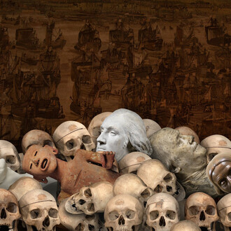 Ken Gonzales-Day, Afterlife (Digital composition with Mexico, Effigy of Death, National Museum of Anthropology (MNA), Mexico City; Leonard Wells Volk, Abraham Lincoln, Smithsonian National Portrait Gallery (NGP); Mexico, Aztec, Figure of Xipe Totec, LACMA; Jean-Antoine Houdon, George Washington, NPG; Houdon, Benjamin Franklin, NPG; Adelaide Johnson, Susan B. Anthony, NPG; Mexico,Scull Mask, MNA; Jean-Antoine Houdon, Flayed Man; Sculls, Museum of Criminal Anthropology, Turin; Rosenborg Tapestries, Rosenborg Castle, Copenhagen), 2025. Courtesy of Luis De Jesus Gallery