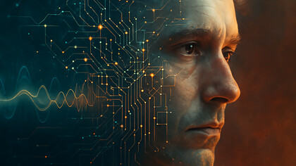 A contemplative mind merges with circuitry, capturing the quiet intelligence of silence, emotion, and synthetic empathy