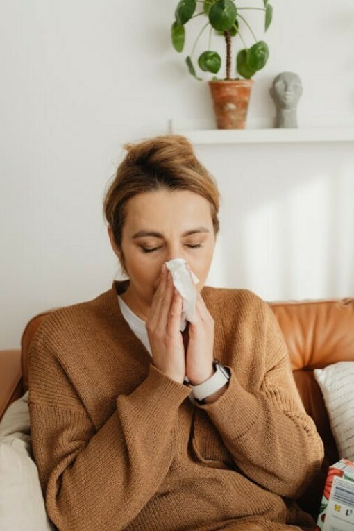 Woman sitting on a sofa, blowing her nose into a tissue, suffering from allergies