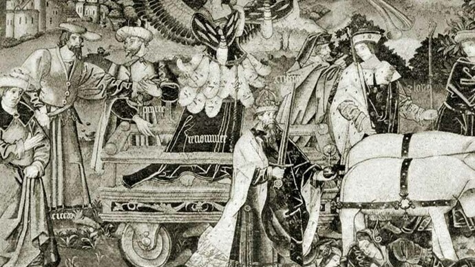 Tapiz que forma parte de una serie de seis basados en el poema alegórico del siglo XIV "Los triunfos" de Petrarca. La fama, uno de los seis triunfos. Francesco Petrarca (1304–1374) escribió sus “Triunfos” alrededor de 1352, en años complejos marcados por las pestes que asolaban Europa