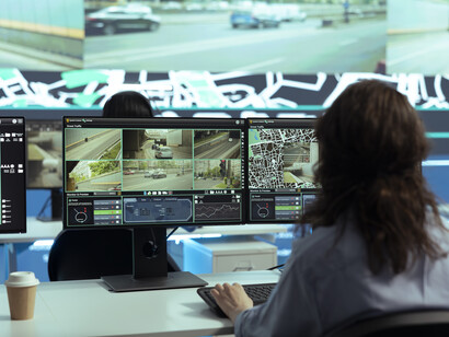 Un operatore che monitora numerosi schermi che visualizzano flussi di traffico e mappe dettagliate di navigazione GPS. Questa attività di controllo capillare e gestione centralizzata dei dati può essere vista come un'espressione della capacità delle multinazionali di praticare le proprie strategie fuori dal contesto legale, contribuendo allo Stato condominiale e al successivo Stato della sorveglianza