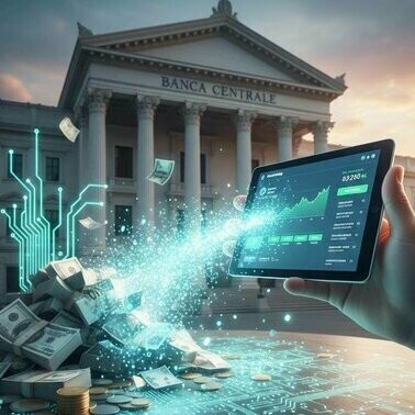 Rappresentazione del signoraggio bancario, dove la moneta creditizia è un flusso creato al momento del prestito (come credito elettronico) che prescinde totalmente dal sottostante