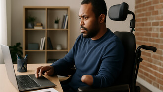 An individual with a disability working intently in a modern, accessible workspace, using adaptive technology to navigate tasks with focus and determination
