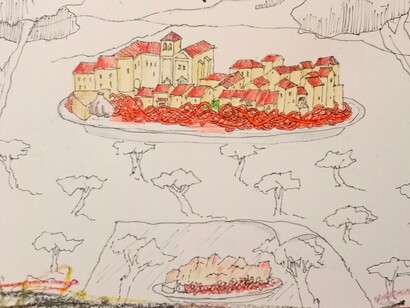 Mompeo: "desde la sombra vegetal, respira en el papel" (dall'ombra vegetale, respira sulla carta). Disegno di Renato Vivaldi-Tesser