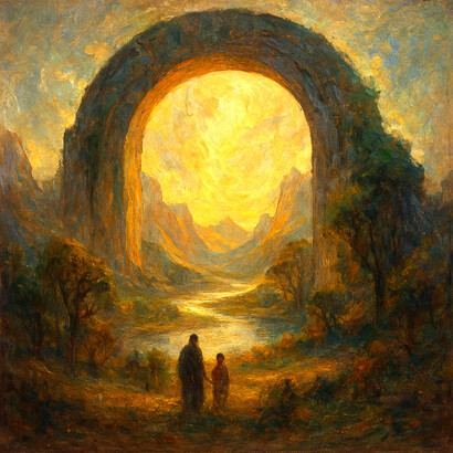 A lone figure stands before monumental stone structures, surrounded by soft golden light and distant hills that fade into the horizon