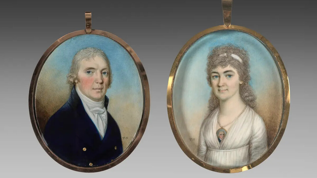Thomas Hazlehurst, Pair of miniatures: portrait of a man and portrait of a woman wearing a miniature, c. 1780. Courtesy of Cleveland Museum of Art
