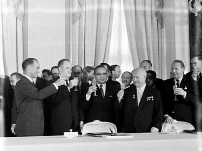U.N. Secretary-General U Thant at signing of Nuclear Test-Ban Treaty in Moscow, 1963, Russia