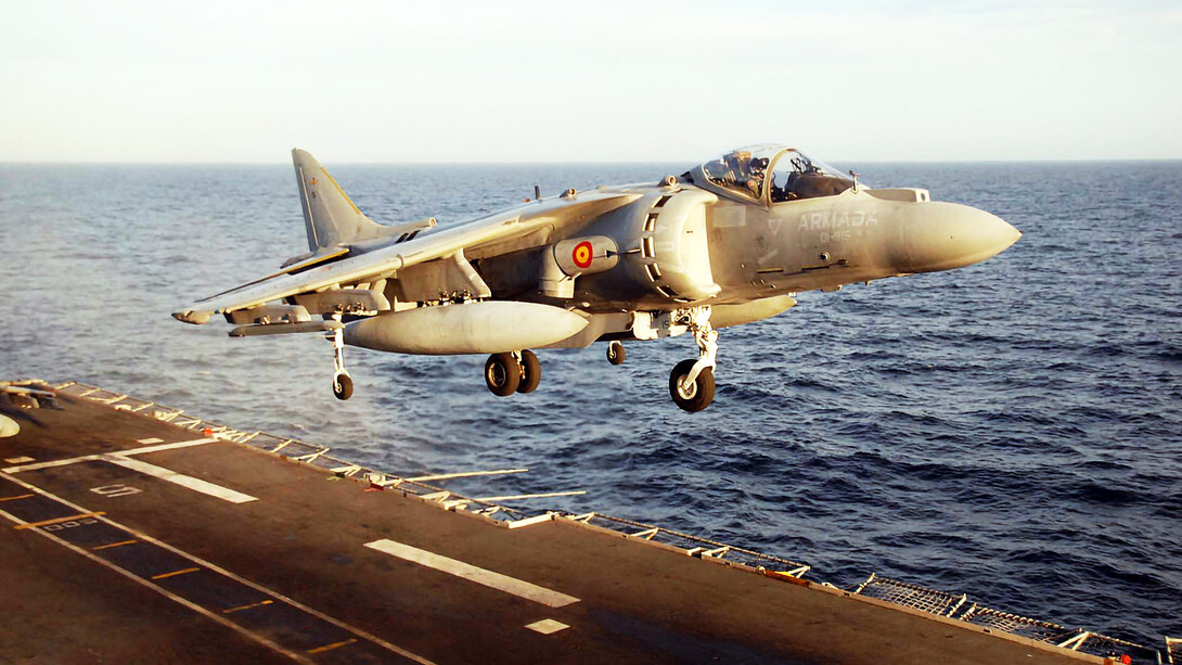 A Spanish Navy AV-8B Harrier operating from an aircraft carrier