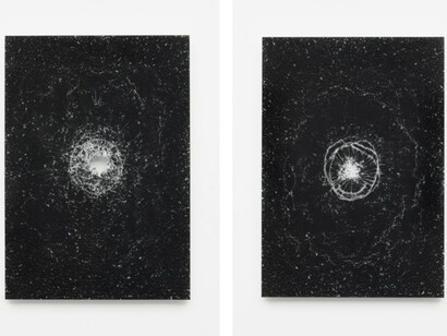 Senza titolo, 2016 glass 116 x 86,4 cm each. The precise violence of a single point, radiating outward into a universe of fractured lines. Parmiggiani's shattered glass works invite contemplation on impact, resilience, and the beauty found in disruption. Image courtesy of the Artist/Estorick Collection of Modern Italian Art