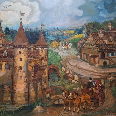 Antonio Ligabue, "Diligenze con castello", 1952