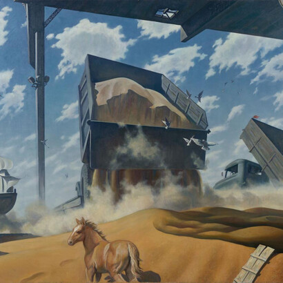 Kamil Mullashev, Harvesting. Left part of the triptych «Land and time. Kazakhstan», 1978. Courtesy of New Tretyakov Gallery