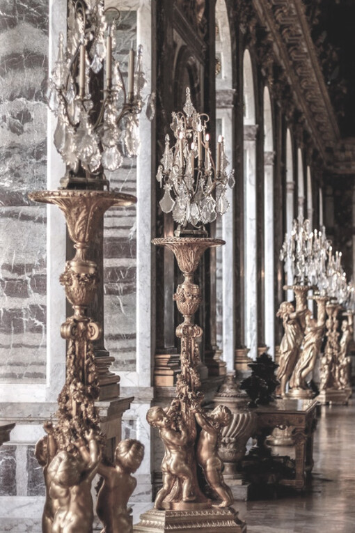 Interior view of the Hall of Mirrors (Galerie des Glaces) at the Château de Versailles in Versailles, France