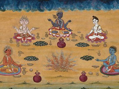 Gouache painting by an Indian artist depicting Vishnu, Brahma, and three other deities performing a yagna—the ancient Vedic fire sacrifice dedicated to Agni, the god of fire. Seated around the sacred flame, the deities offer oblations in a ritual symbolizing cosmic order, divine harmony, and the transmission of offerings to the gods through fire. This artwork reflects the spiritual and ceremonial grandeur of Vedic tradition