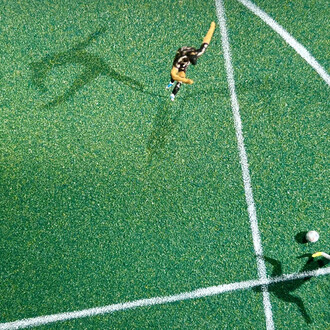 Lyndon J. Barrois, Sr., Brazil 2–0 Germany, 2002, Brazil’s Ronaldo slips past
Germany’s Oliver Kahn to score, detail of Fútballet, 2018. Courtesy of Los Angeles County Museum of Art