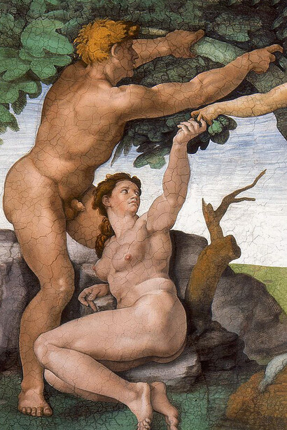 Miguel Ángel, La caída y la expulsión del paraíso (c. 1500, detalle del techo de la Capilla Sixtina)