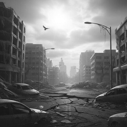 Smothered in smoke and ruin, the industrial world stands as a monument to human excess. The earth itself seems tired and broken, its soil littered with relics of forgotten wars and lost compassion