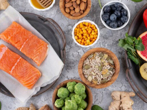 Immunity-boosting superfoods showcased with an assortment of vegetables and fish